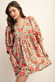 Orange & Cream Floral Print Dress