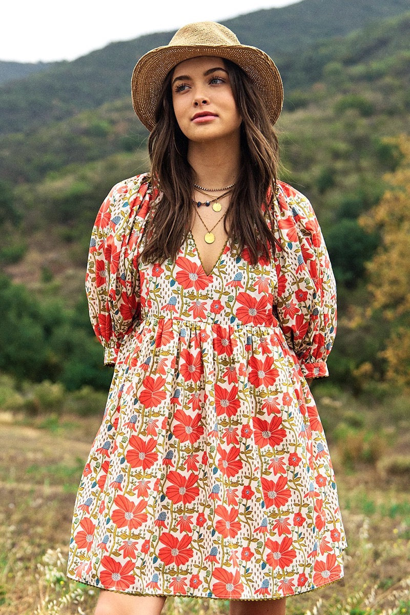 Orange & Cream Floral Print Dress