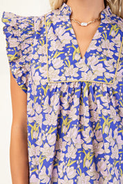 Blue Floral V-neck Blouse