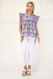 Blue Floral V-neck Blouse