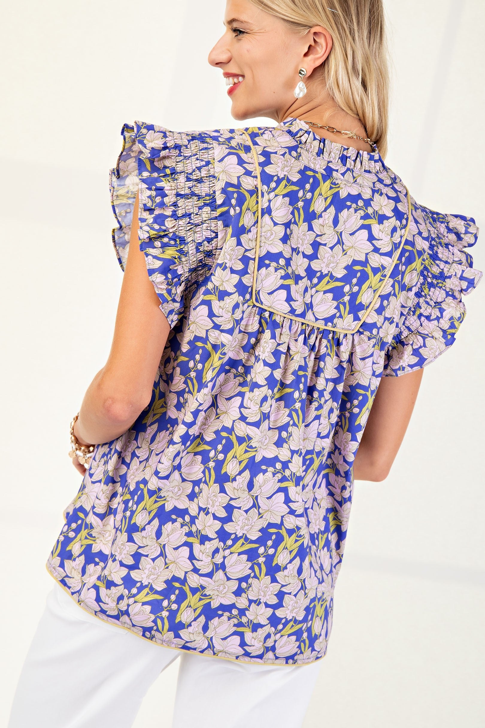 Blue Floral V-neck Blouse