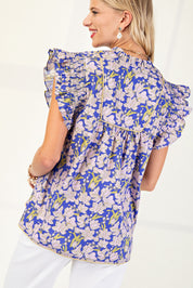 Blue Floral V-neck Blouse