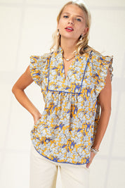 Mustard Floral V-neck Blouse
