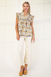 Mustard Floral V-neck Blouse