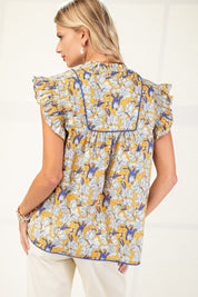 Mustard Floral V-neck Blouse