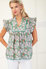 Green Floral V-neck Blouse