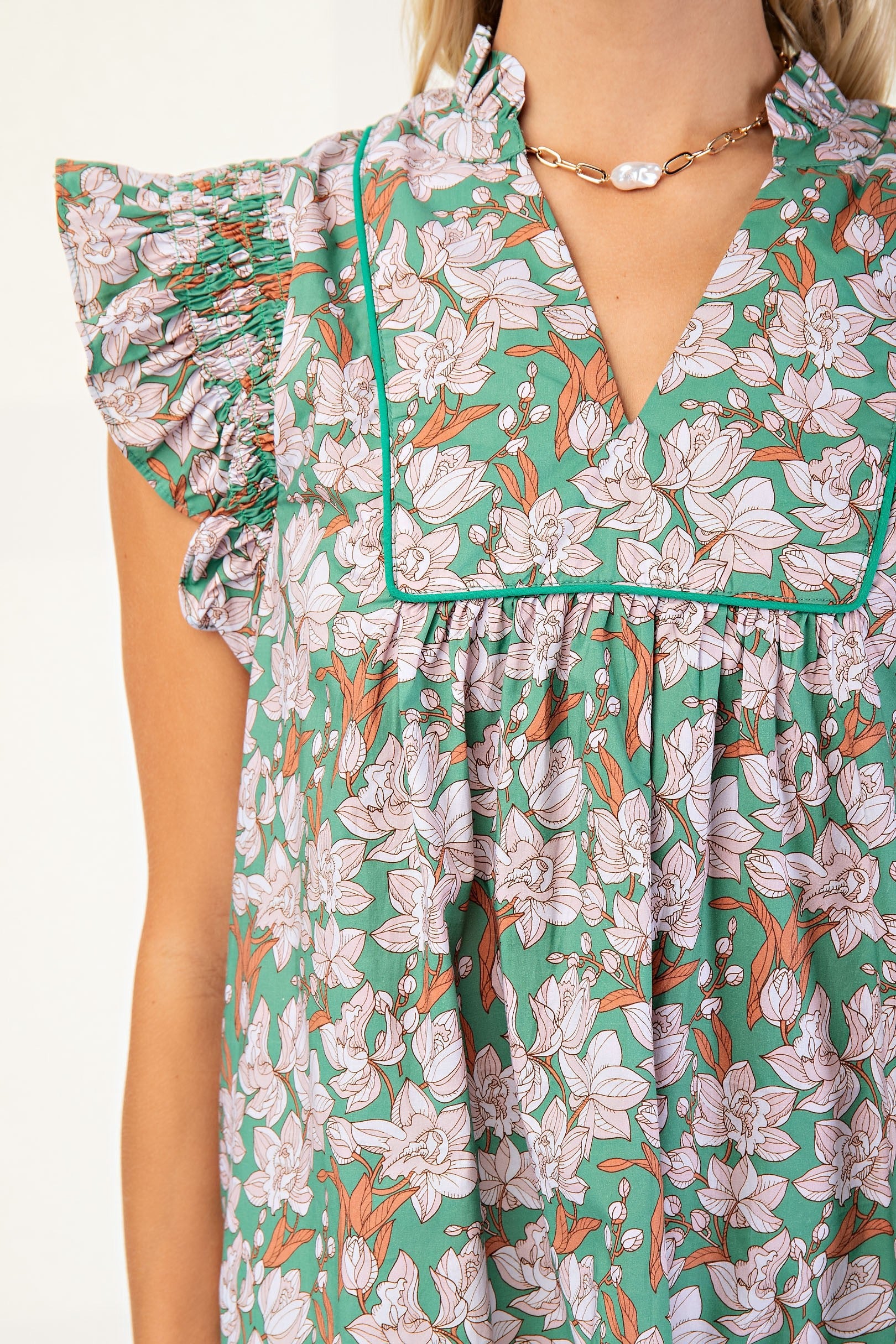 Green Floral V-neck Blouse