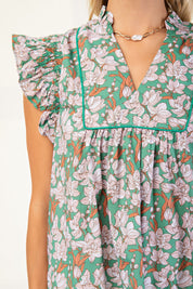 Green Floral V-neck Blouse