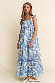 Blue Floral Maxi Dress With Tie Straps