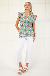 Green Floral V-neck Blouse
