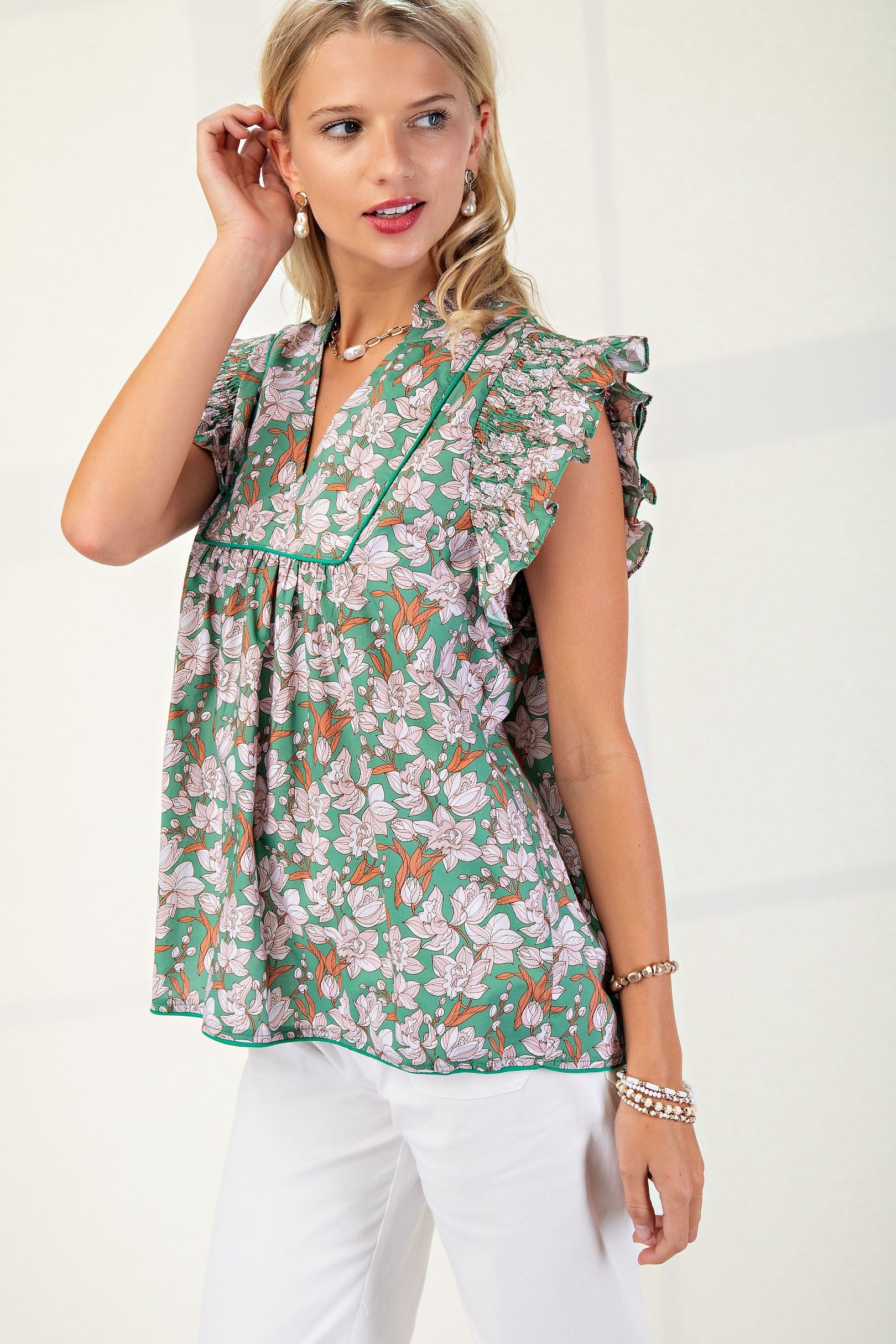 Green Floral V-neck Blouse
