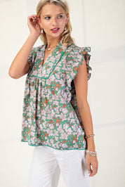 Green Floral V-neck Blouse