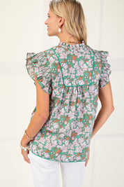 Green Floral V-neck Blouse