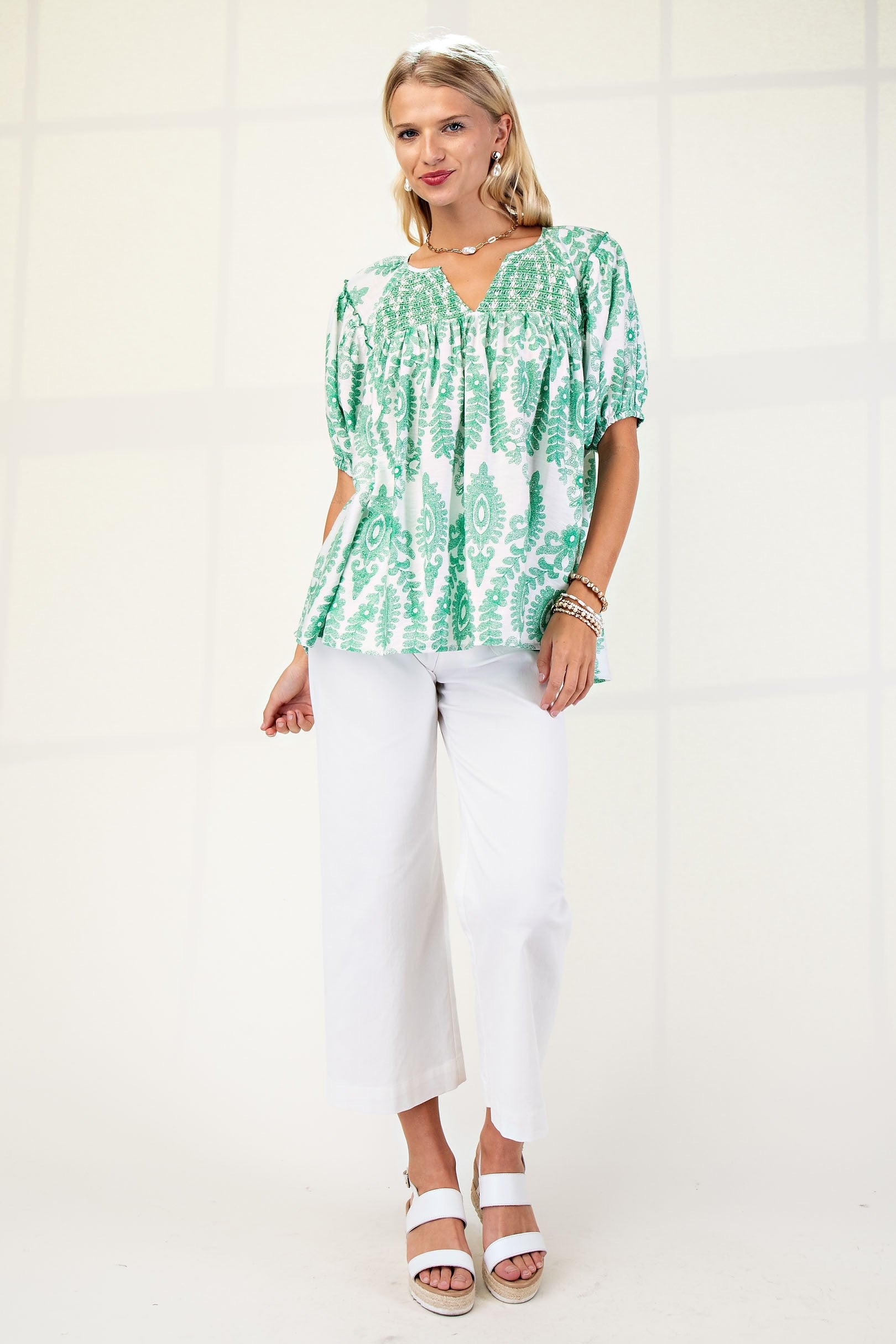 Green Patterned Short Sleeve Top