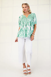 Green Patterned Short Sleeve Top