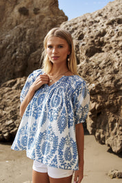 Blue Patterned Short Sleeve Top