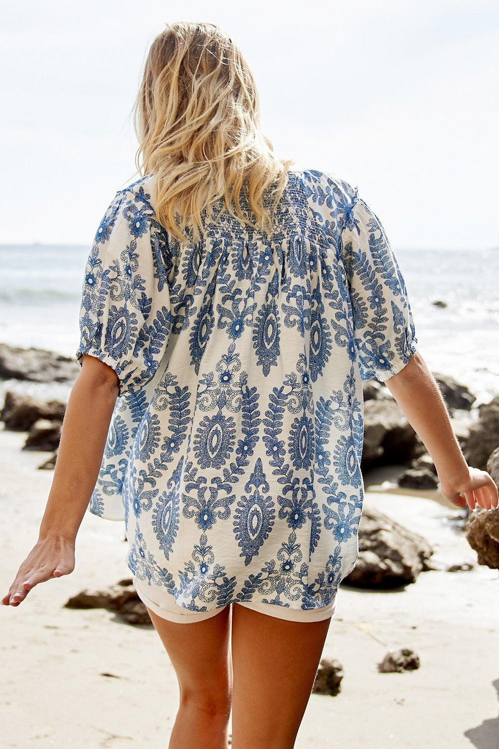 Blue Patterned Short Sleeve Top
