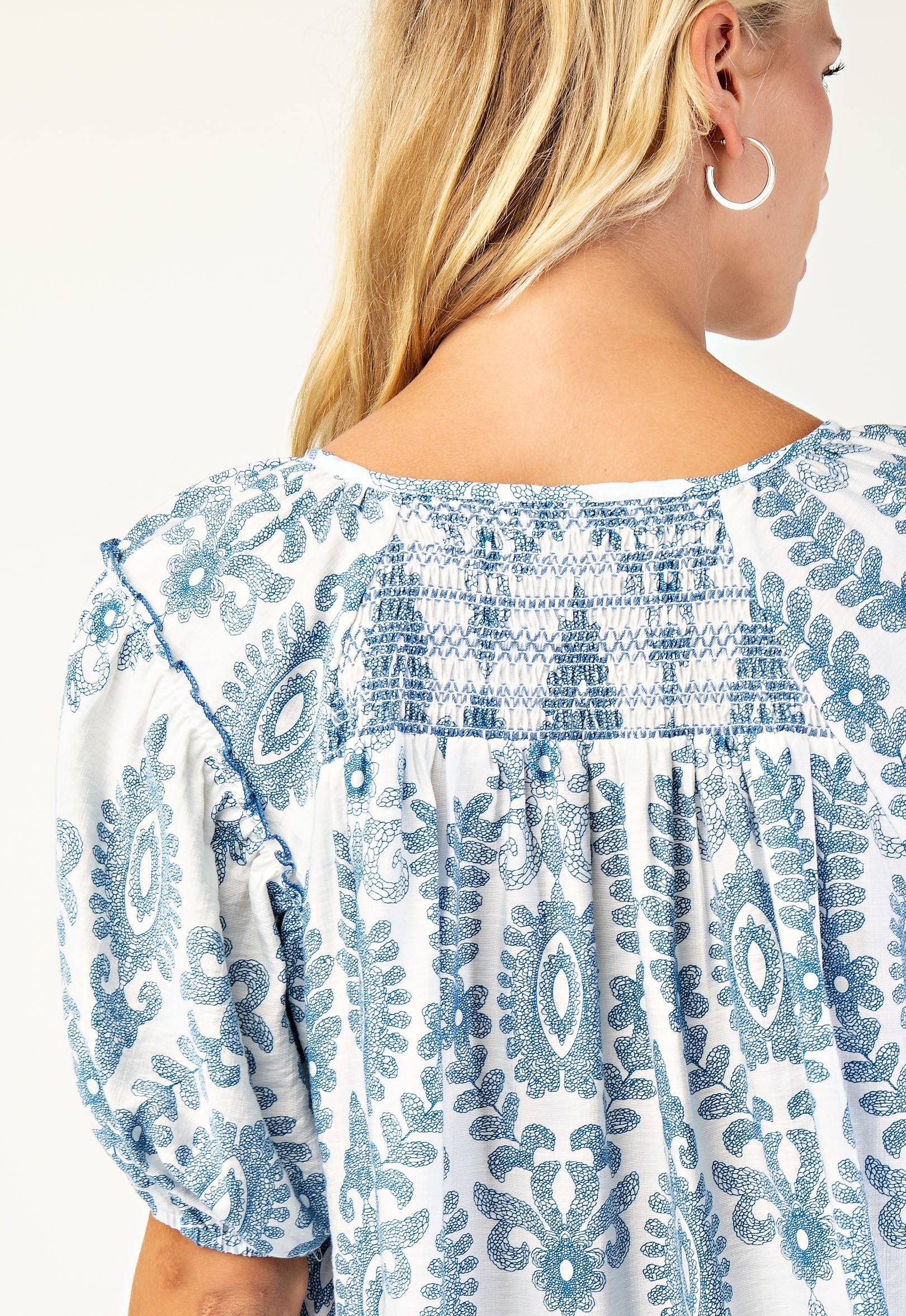 Blue Patterned Short Sleeve Top