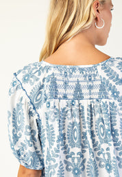 Blue Patterned Short Sleeve Top
