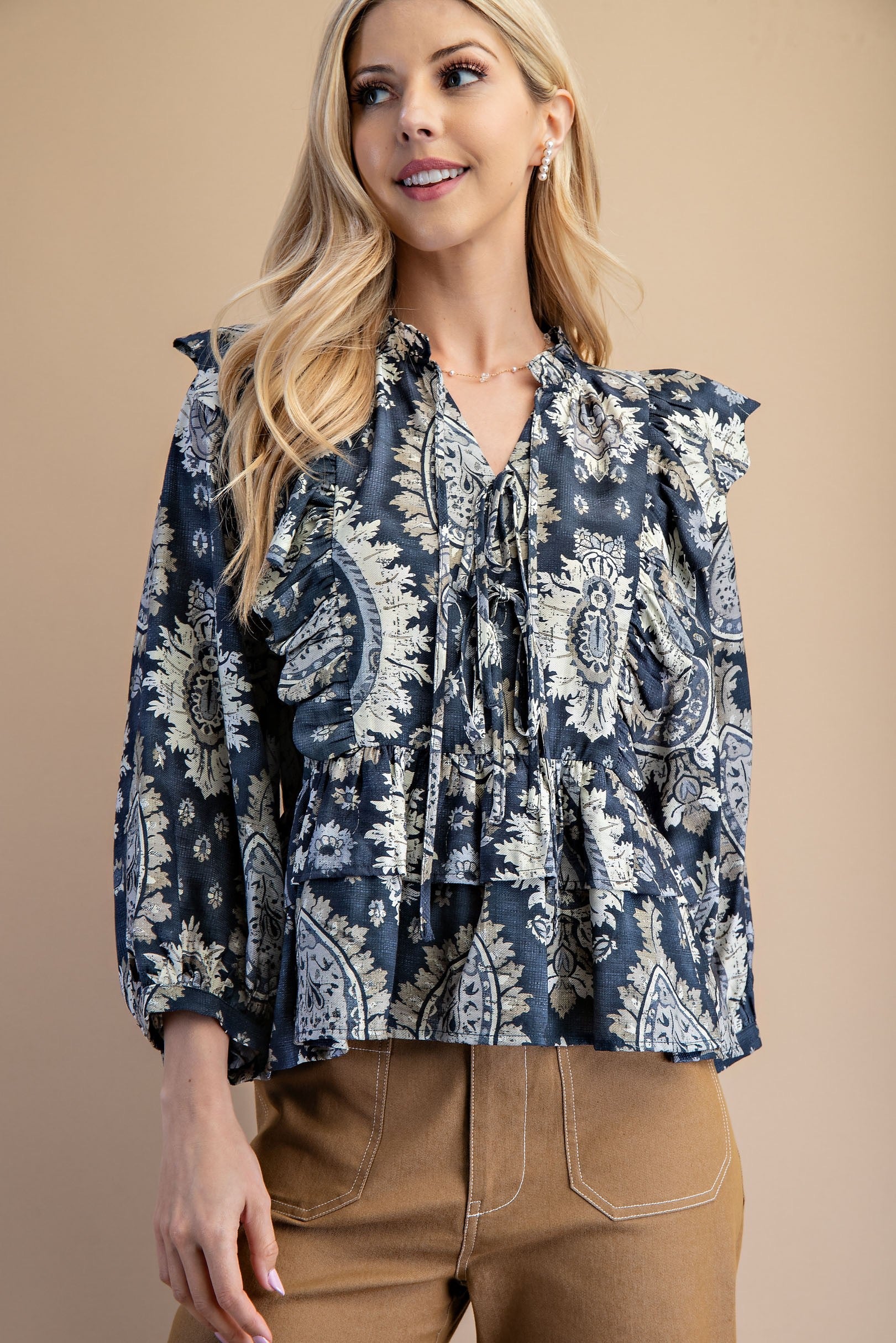 Navy Paisley Tiered Ruffle Blouse