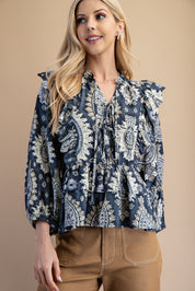 Navy Paisley Tiered Ruffle Blouse