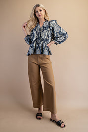 Navy Paisley Tiered Ruffle Blouse