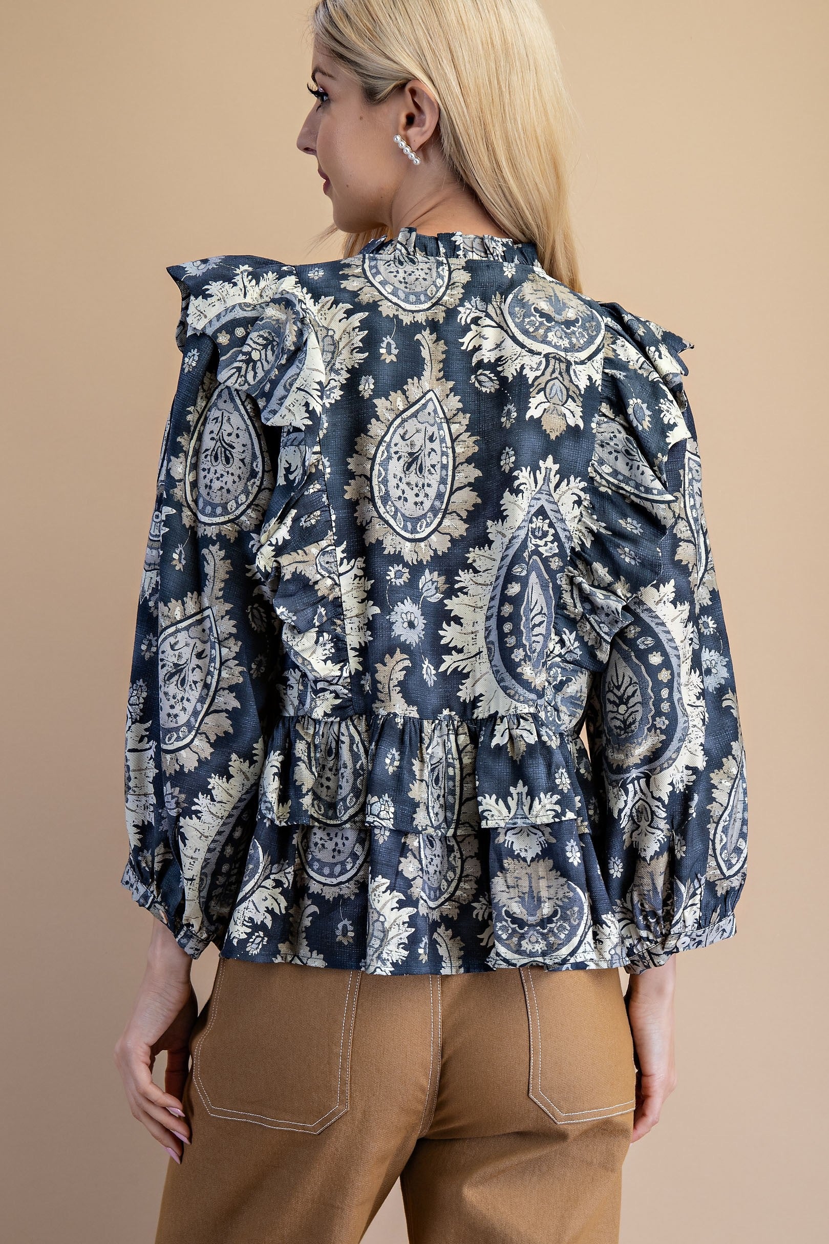 Navy Paisley Tiered Ruffle Blouse