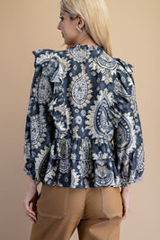Navy Paisley Tiered Ruffle Blouse