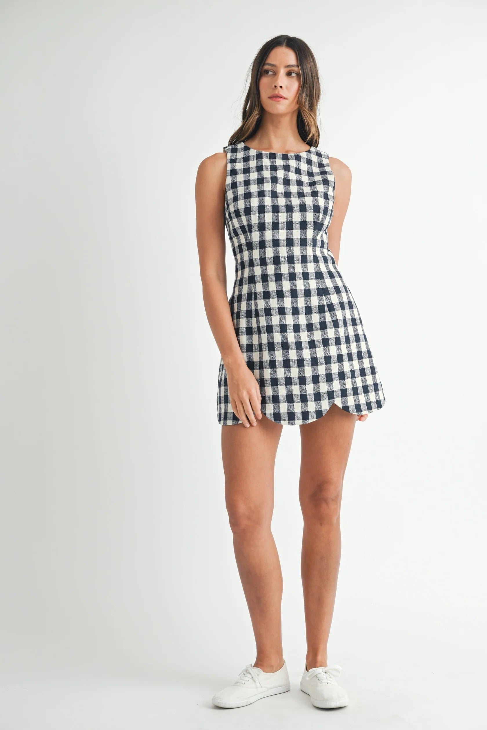 Navy Plaid Scallop Mini Dress