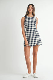 Navy Plaid Scallop Mini Dress