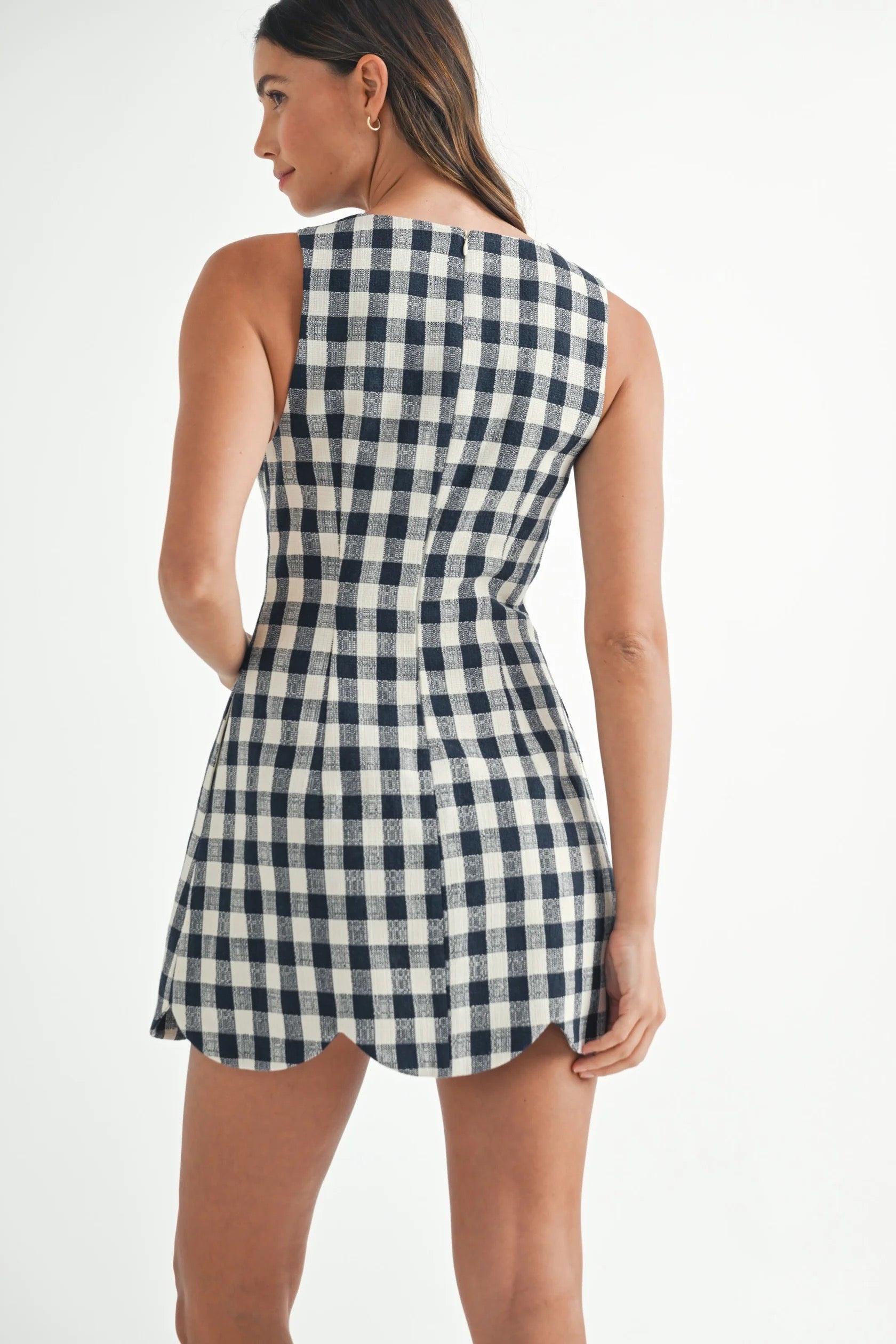 Navy Plaid Scallop Mini Dress