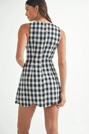 Navy Plaid Scallop Mini Dress