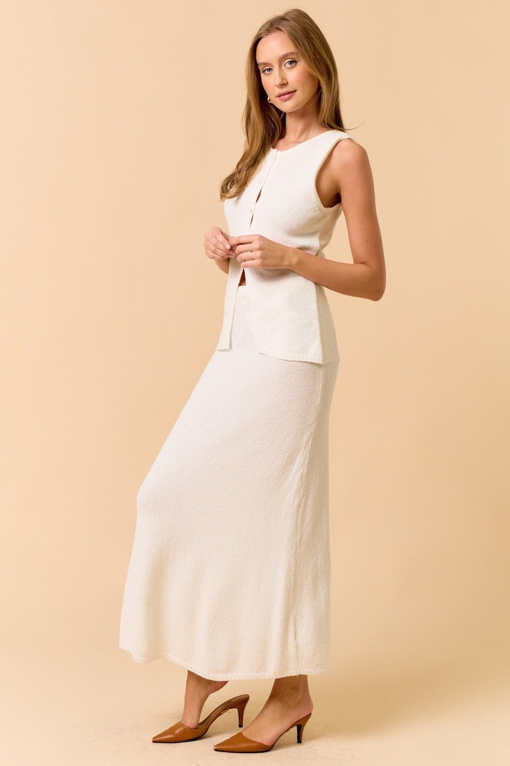 White Button Down Sweater & Skirt Set