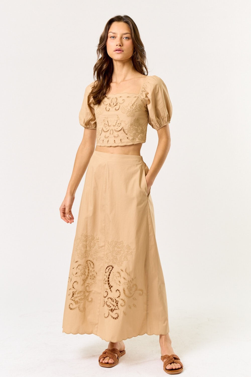 Beige Puff Sleeve Top & Skirt Set