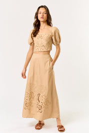 Beige Puff Sleeve Top & Skirt Set