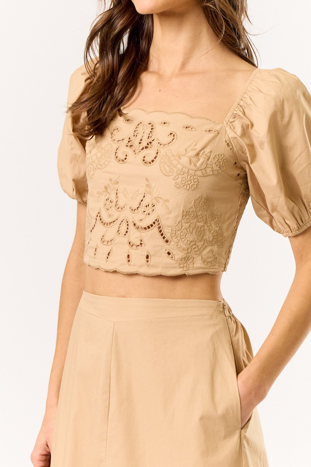 Beige Puff Sleeve Top & Skirt Set