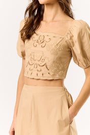 Beige Puff Sleeve Top & Skirt Set
