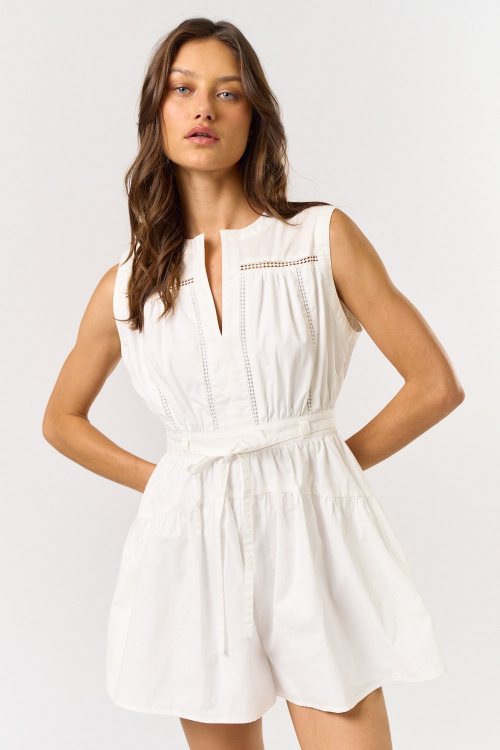 White Sleeveless Front Tie Romper