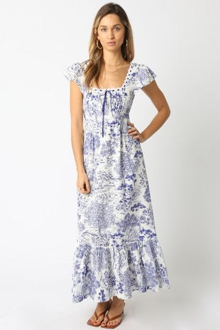 Blue & White Print Maxi Dress