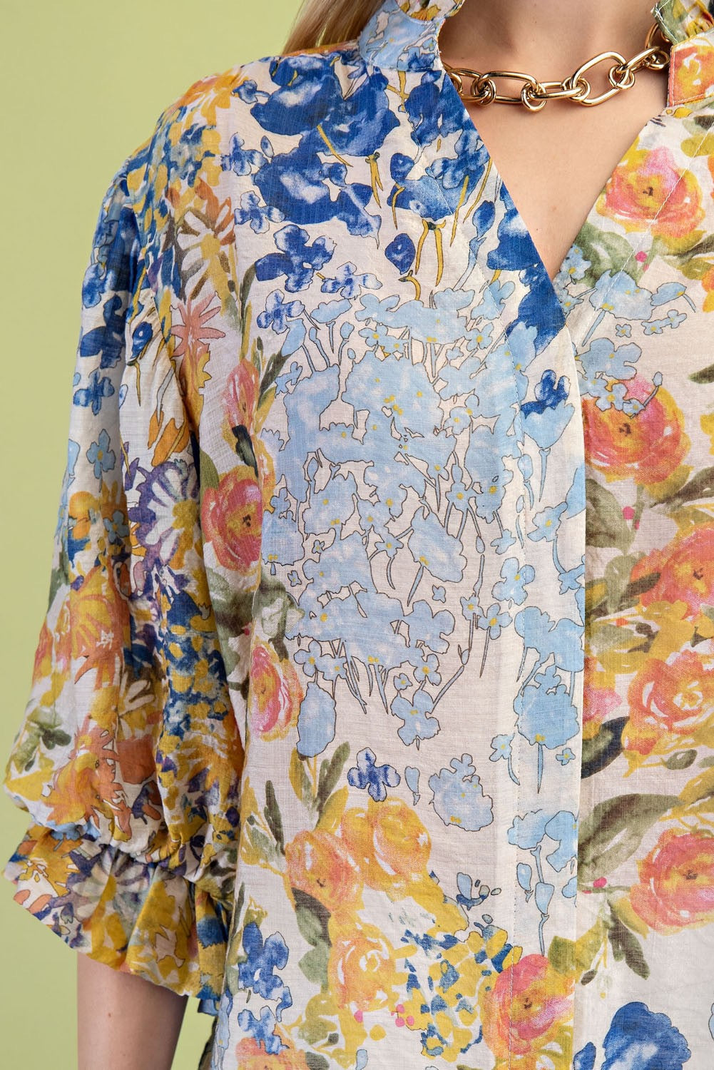 Blue Floral Printed Button Down Top