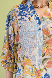 Blue Floral Printed Button Down Top