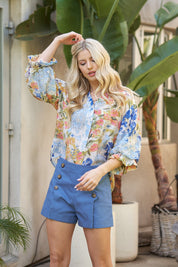 Blue Floral Printed Button Down Top