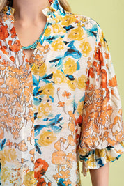 Mustard Floral Printed Button Down Top