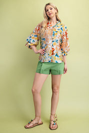 Mustard Floral Printed Button Down Top