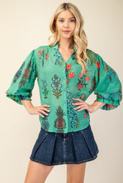Green Printed Button Down Top