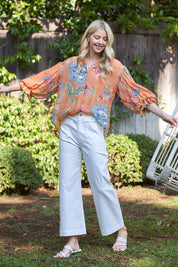 Coral Printed Button Down Top