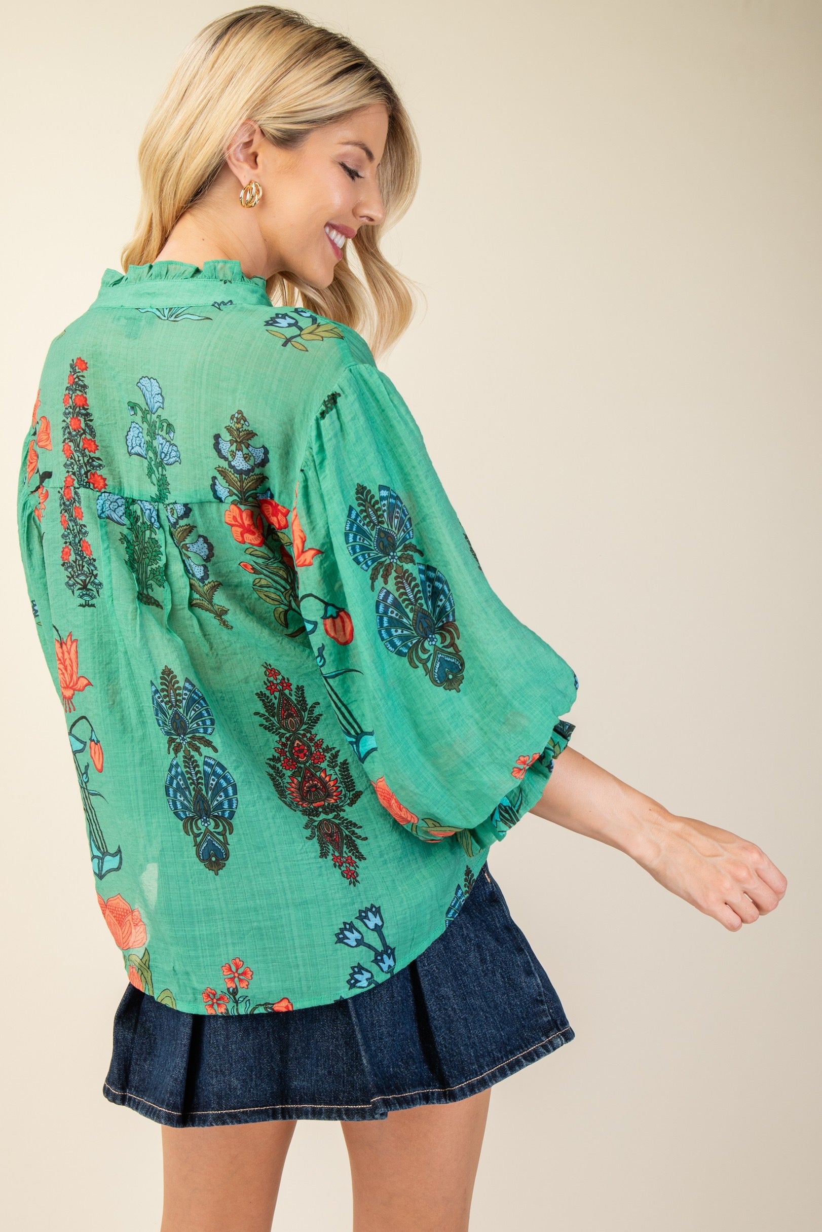 Green Printed Button Down Top