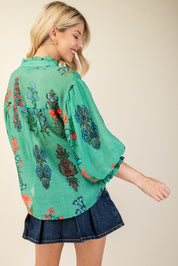 Green Printed Button Down Top