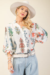 White Printed Button Down Top