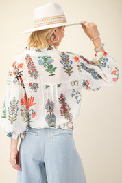White Printed Button Down Top